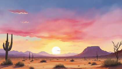 Generative AI creates beautifully painted watercolor landscape with a desert sunset theme, providing a transparent and isolated cut-out for design layouts with copy space
