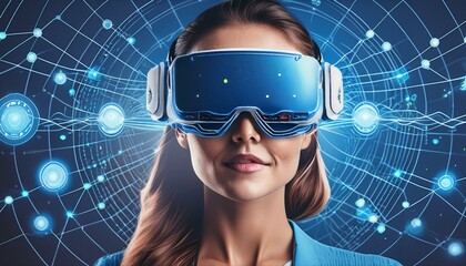 Naklejka premium virtual reality vr headset technology digital world data future concept illustration with communication connections blue dot lines around woman face