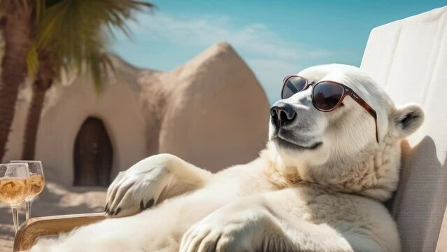 A polar bear lounges on a chair in a desert setting, wearing sunglasses. It's daytime with clear skies, and palm trees and igloo-like structures are in the background