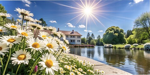 landscape with flowers and water Summer realistic frame, landscape