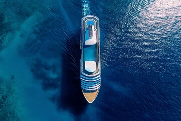 Fototapeta premium Aerial view of a cruise ship with swimming pools on deck sailing in the open sea.