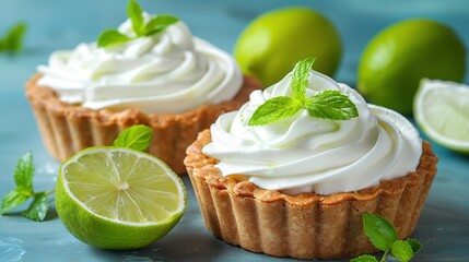   A photo captures two cupcakes sitting atop a table surrounded by limes