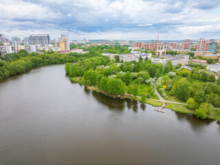 Obraz premium Yekaterinburg aerial panoramic view in summer sunset. Ekaterinburg is the fourth largest city in Russia located in the Eurasian continent on the border of Europe and Asia.