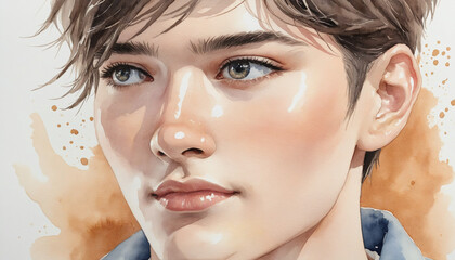Naklejka premium Watercolor portrait of a Japanese heartthrob with black hair, depicting a natural and refreshing expression of youth