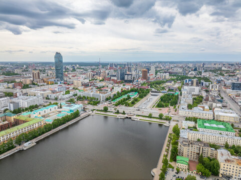 Embankment of the central pond and Plotinka. The historic center of the city of Yekaterinburg, Russia, Aerial View