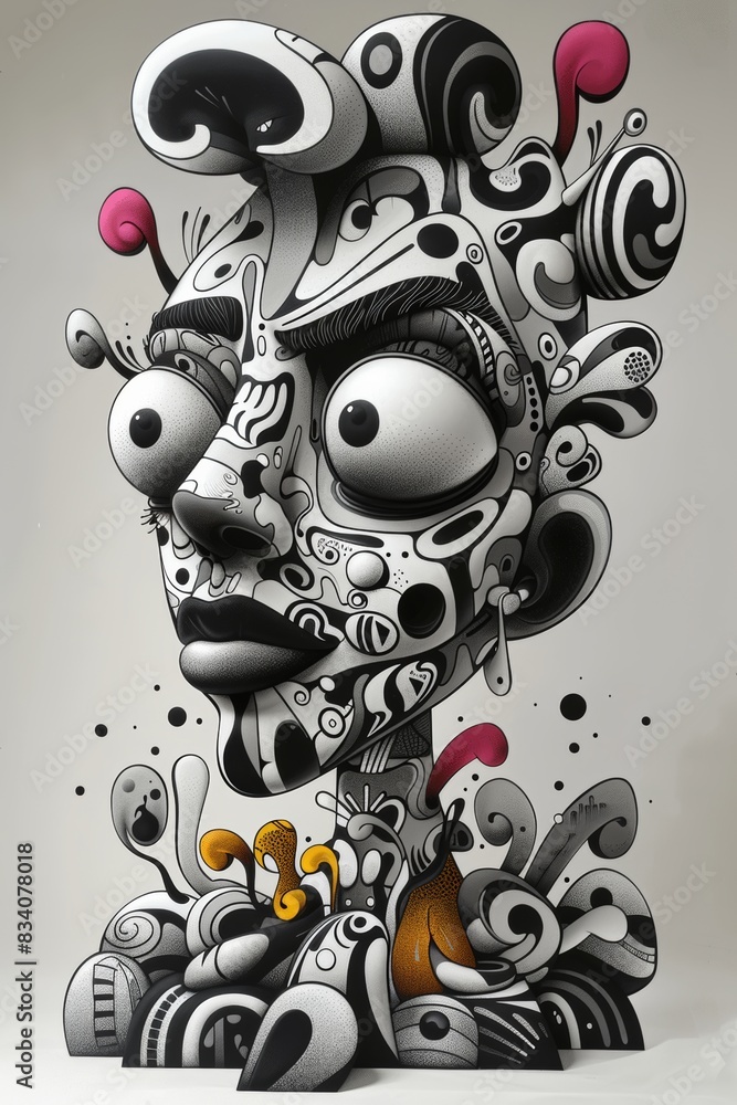 Poster a drawing of a face with many different objects on it, ai