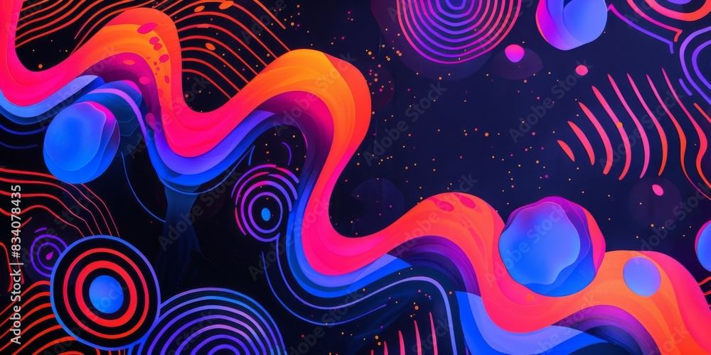 Aufkleber neon abstract art with fluid shapes and circles on dark background. artwork with swirling pattern