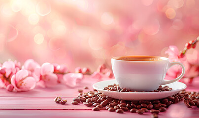Fototapeta premium a cup of coffee on pink background 