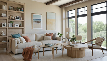 Fototapeta premium Cozy coastal-inspired living space with neutral tones, swivel chairs, and wooden beams exuding a relaxed and comfortable home interior ambiance