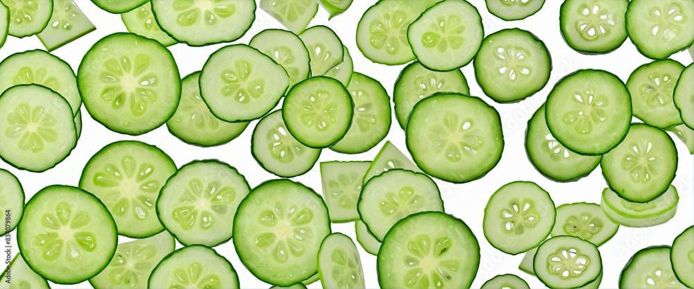 Poster fresh cucumber slice on a white background with clipping path for a macro shot, showcasing the vibra