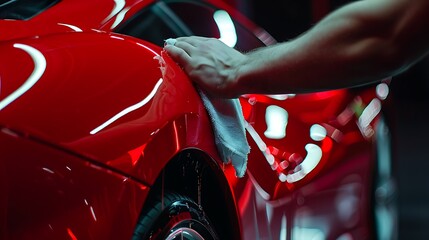 Close up of hand is wiping the sport car using a rag