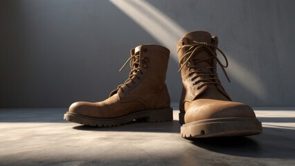 Brown Leather Work Boots Sitting On Concrete Floor In Sunlight