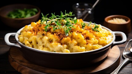 A bowl of creamy mac1aroni and cheese with crispy breadcrumb topping  