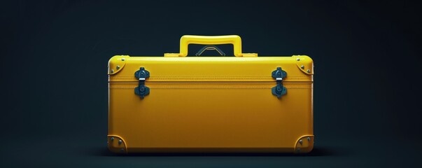 A vibrant yellow suitcase stands out against a dark blue textured background, suggesting travel.