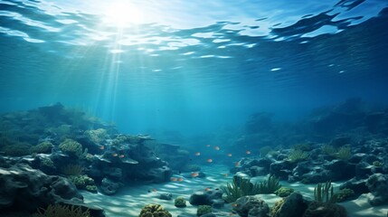 Serene Underwater Scene with Sunlit Coral Reefs and Marine Life