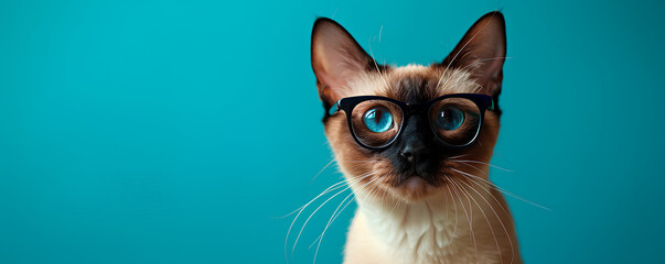 Fototapeta premium a cat wearing glasses looks at the camera on the blue background