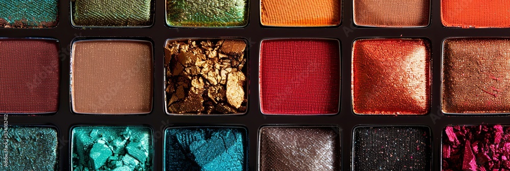 Poster Detailed view of a vibrant eyeshadow palette with a variety of bright colors and visible texture. Generative AI