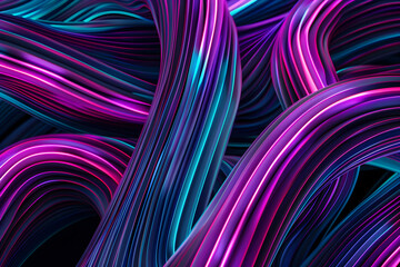 Maze of vibrant purple and teal patterns created by abstract neon lines. Mesmerizing art on black background.