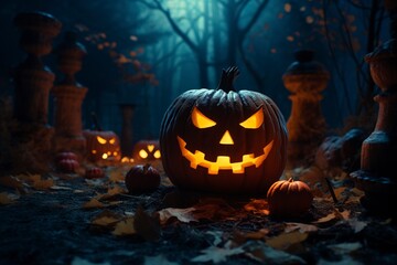 Obraz premium halloween background with pumpkin and bats, generative ai