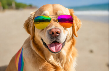 Labrador golden retriever breed dog wearing multicoloured sunglasses. It is sitting on a sandy beach with the ocean in the background. Pride month celebration with pets rainbow flags