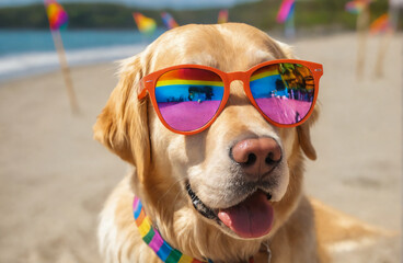 Labrador golden retriever breed dog wearing multicoloured sunglasses. It is sitting on a sandy beach with the ocean in the background. Pride month celebration with pets rainbow flags
