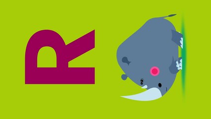 R letter big black vertical like rhinoceros cartoon animation. Animal loop. Educational serie with bold style character for children. Good for education movies, presentation, learning alphabet, etc...