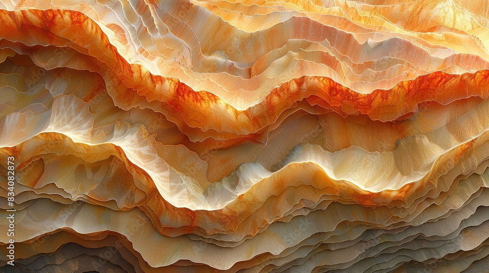 Poster a close-up of orange and white patterns on paper resembling waves in a mountain range