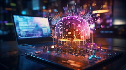 A brain interfacing with a computer, showing code and digital enhancements  