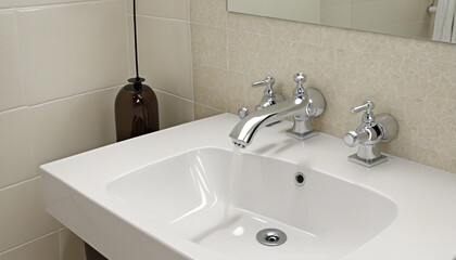 Fototapeta premium Stylish apartment bathroom with vintage faucet and clean white ceramic basin