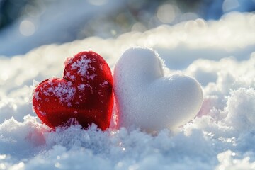 Fototapeta premium Winter Hearts. Red and White Hearts on Snow Background. Love and Valentine's Day Concept