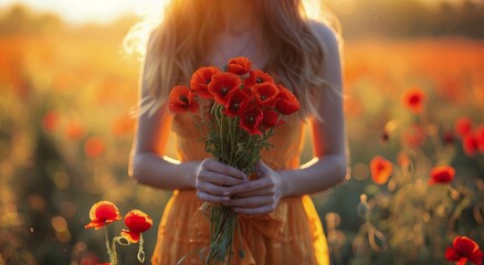 Woman Standing in Field of Red Flowers