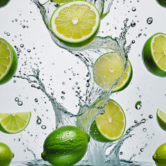 Splashing Lemon Juice Creating Vibrant Green Waves on a White Background
