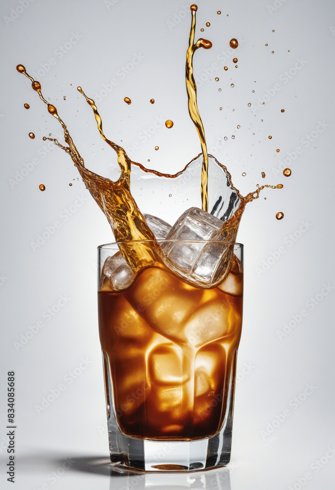 Poster generative ai creating a refreshing, cold beverage splash in a glass isolated on a transparent backg