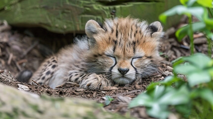   A baby cheetah naps near a mound of mulch and a lush green plant