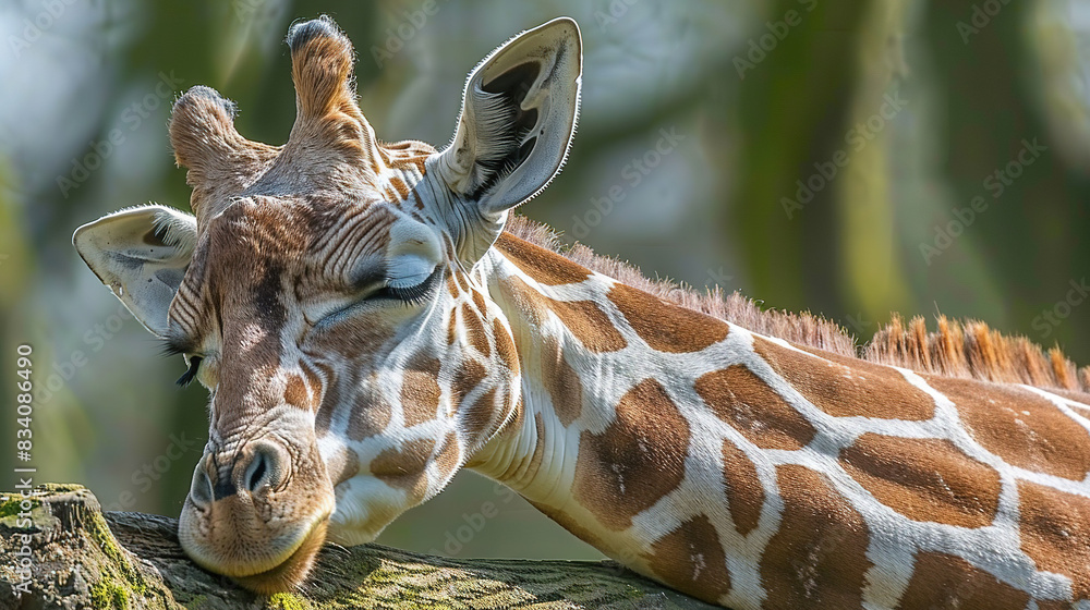 Poster a close-up of a giraffe resting its head on a tree branch with trees in the background