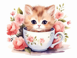 cute cartoon kitten sitting in a tea cup with flowers funny cat character design spring concept valentine s day greeting card watercolor illustration isolated on white background