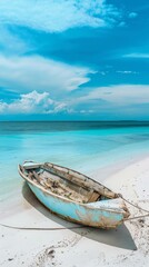 Naklejka premium Summer Serenity: Calm Beach Scene with Abandoned Boat Generative AI