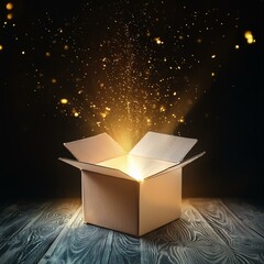Mysterious glow square cardboard box reveals golden light, sparking curiosity and wonder