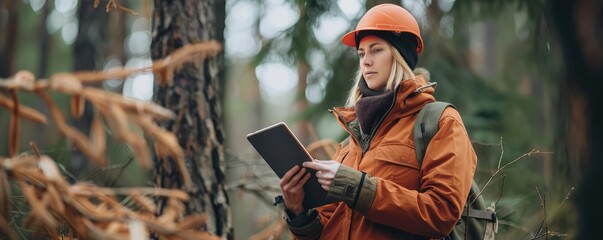 Naklejka premium A forestry worker in an orange jacket and red helmet using a digital tablet in the woods.