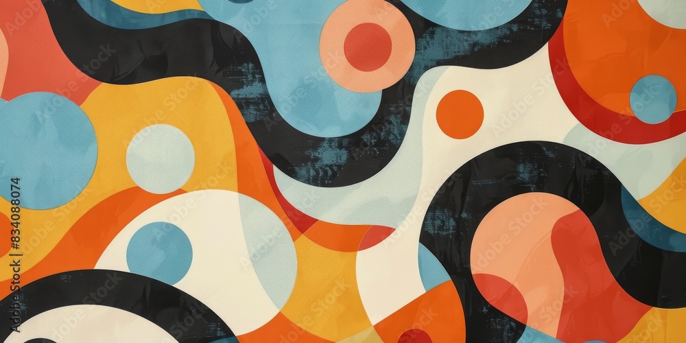 Poster abstract art with colorful circular and curved shapes, textured background. modern abstract design