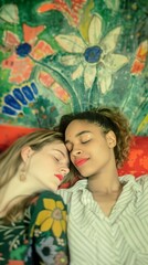 A loving couple rests together, their heads touching, surrounded by a colorful floral backdrop