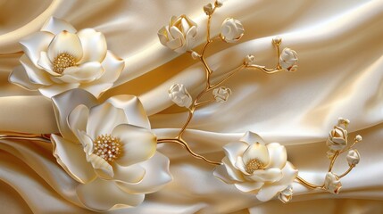 Silk Flowers. 3D Wallpaper White Jewelry Flowers with Golden Branches on Silk Background