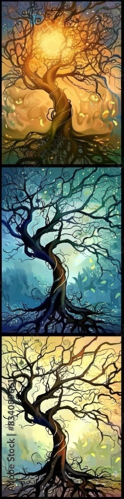Poster abstract tree artwork with glowing sun. a series of abstract tree illustrations featuring a glowing 