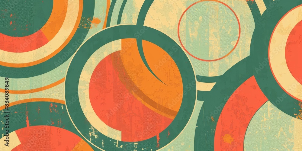 Poster retro abstract artwork with circles on distressed background. vintage geometric pattern