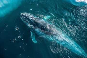Fototapeta premium Humpback Whale Swimming with Penguins and Birds in Antarctic Ocean, Drone