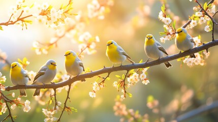 Flock of birds are singing happily on the branches of a tree with spring flower blossoms and sun light , spring season background