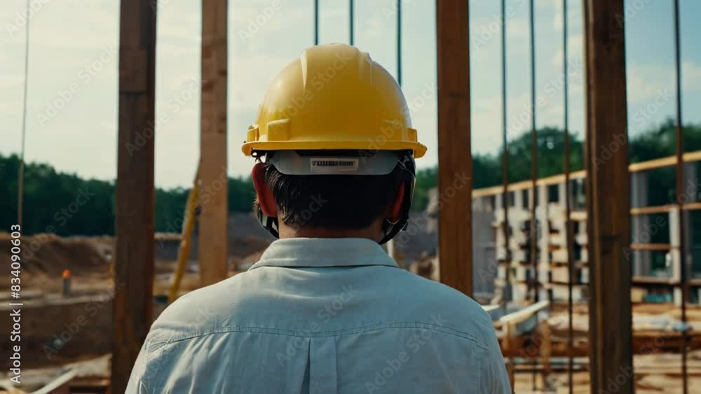 Poster engineer builder with helmet and blueprints at construction site background