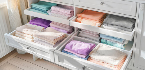 Closeup open closet drawers with folded clothes in white room minimal interior