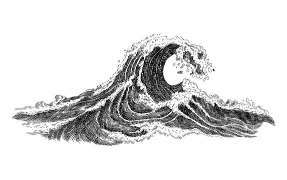 Sea wave sketch. Vintage hand drawn ocean tidal storm waves isolated on white background for surfing and seascape.	