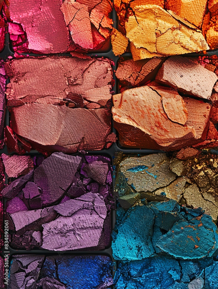 Poster detailed view of a palette containing vibrant and varied colored eyeshades with a smooth and even su
